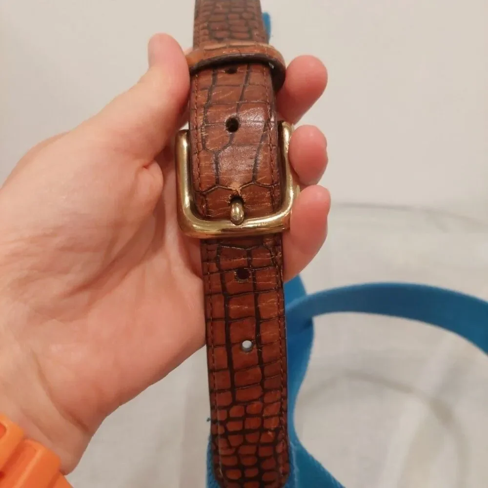 Orvis Blue Canvas Brown Embossed Leather Golf Belt Brass Buckle Men's Sz 42-46
